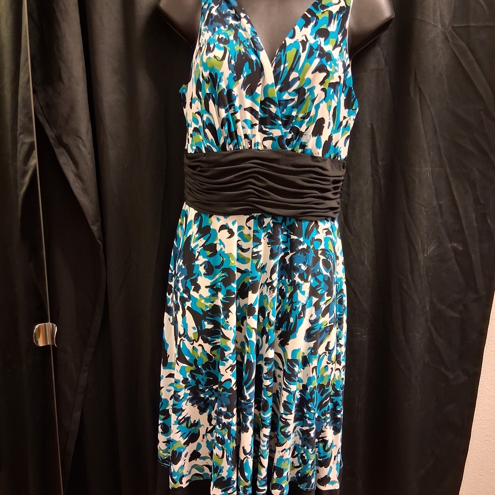 Jones New York Blue and Green Patterned Midi Dress